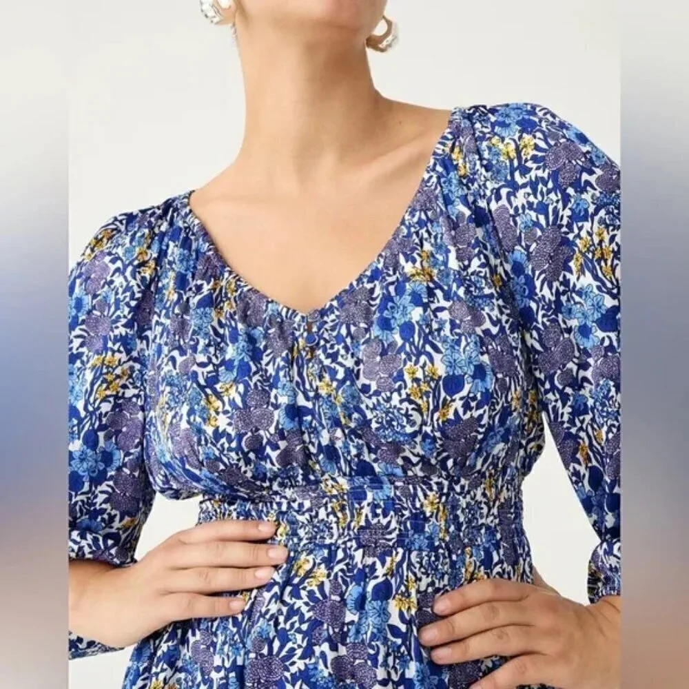 J. Crew V-Neck Long Sleeves Midi Dress Fete Floral Print Size S NWT
